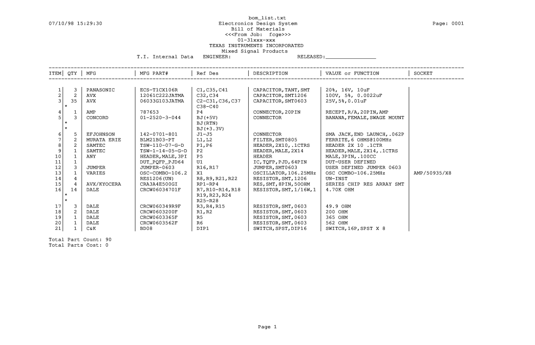 Texas Instruments TNETE2201 manual 07/10/98, Electronics Design System, Page, Bill of Materials, 01-31xxx-xxx, AMP/50935/X8 