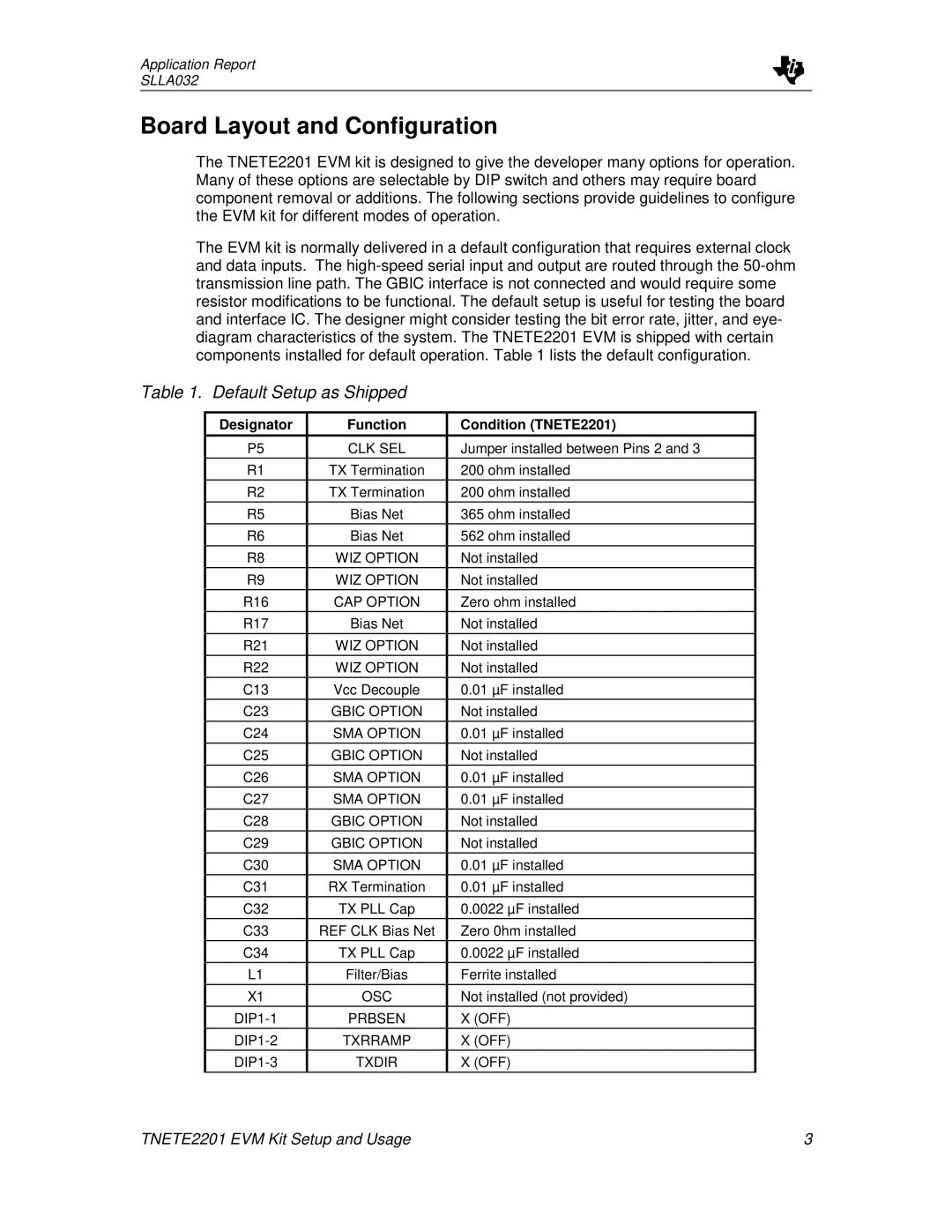 Texas Instruments TNETE2201 manual Board Layout and Configuration, Default Setup as Shipped 