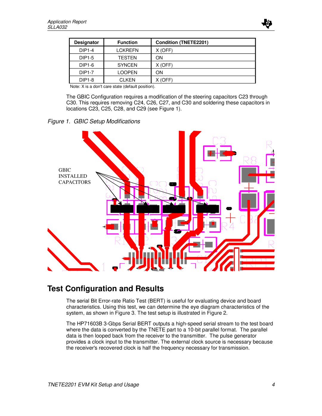 Texas Instruments TNETE2201 manual Test Configuration and Results, Gbic Setup Modifications 