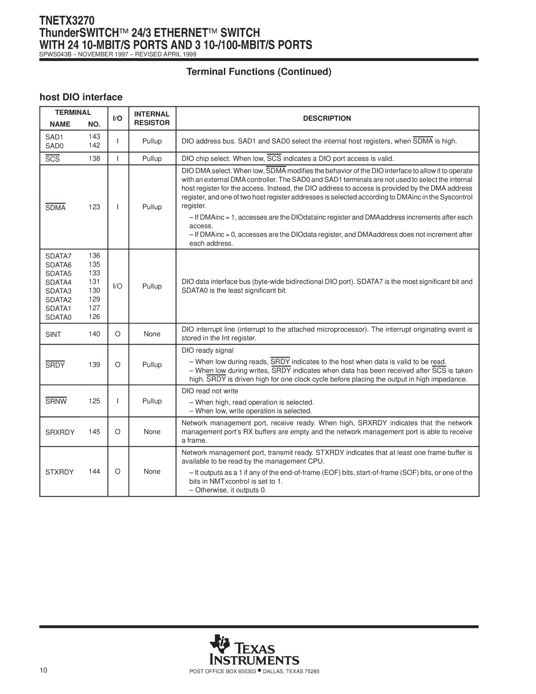 Texas Instruments TNETX3270 specifications Host DIO interface 