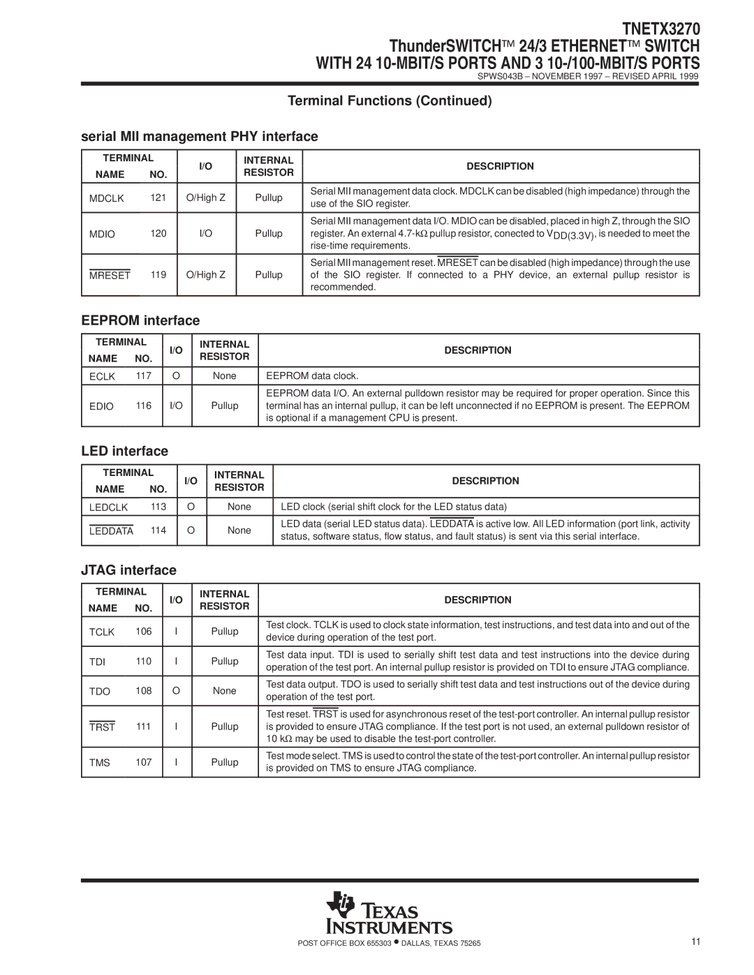 Texas Instruments TNETX3270 specifications Serial MII management PHY interface, Eeprom interface, Jtag interface 