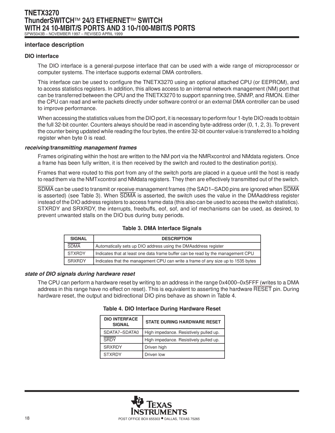 Texas Instruments TNETX3270 specifications Interface description, Receiving/transmitting management frames 