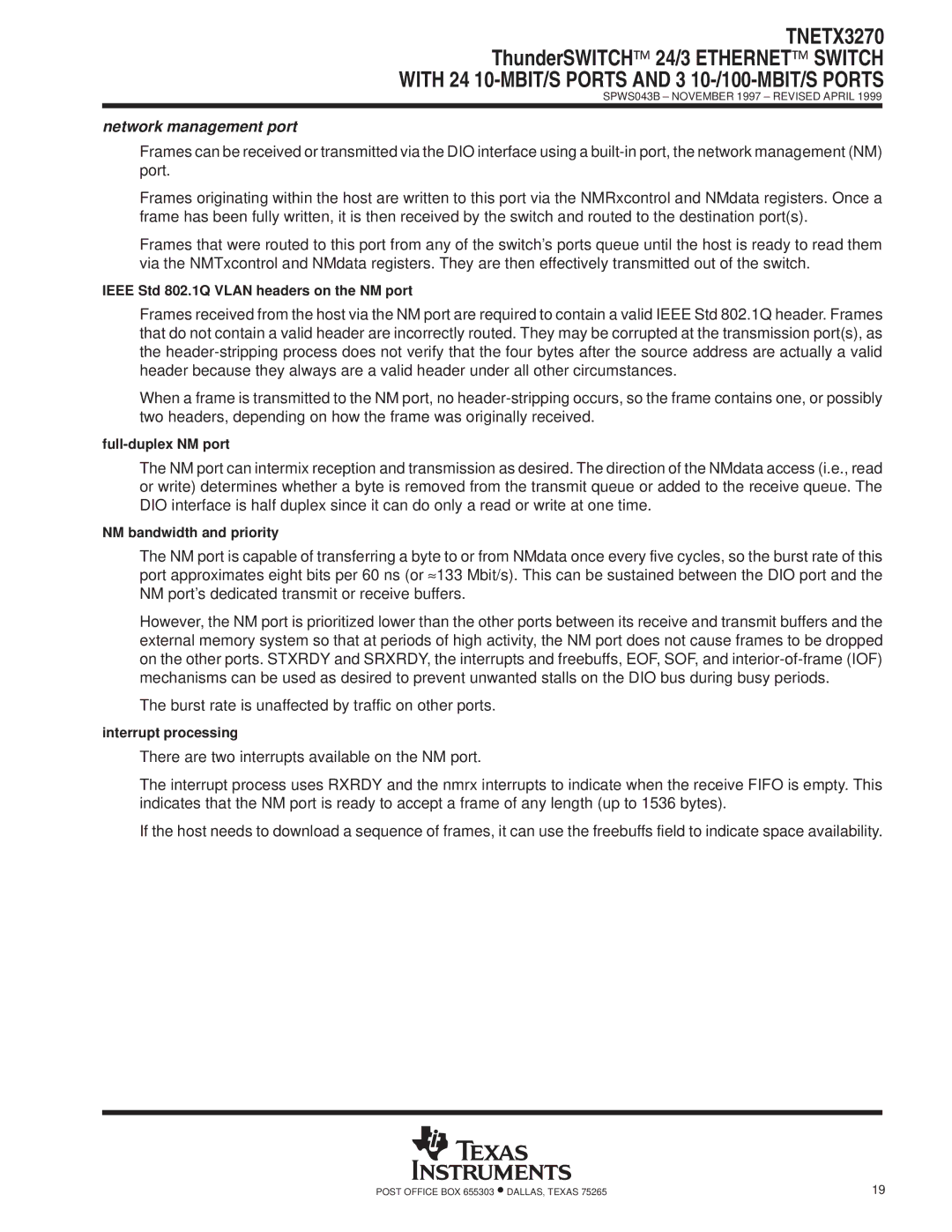 Texas Instruments TNETX3270 specifications Network management port 