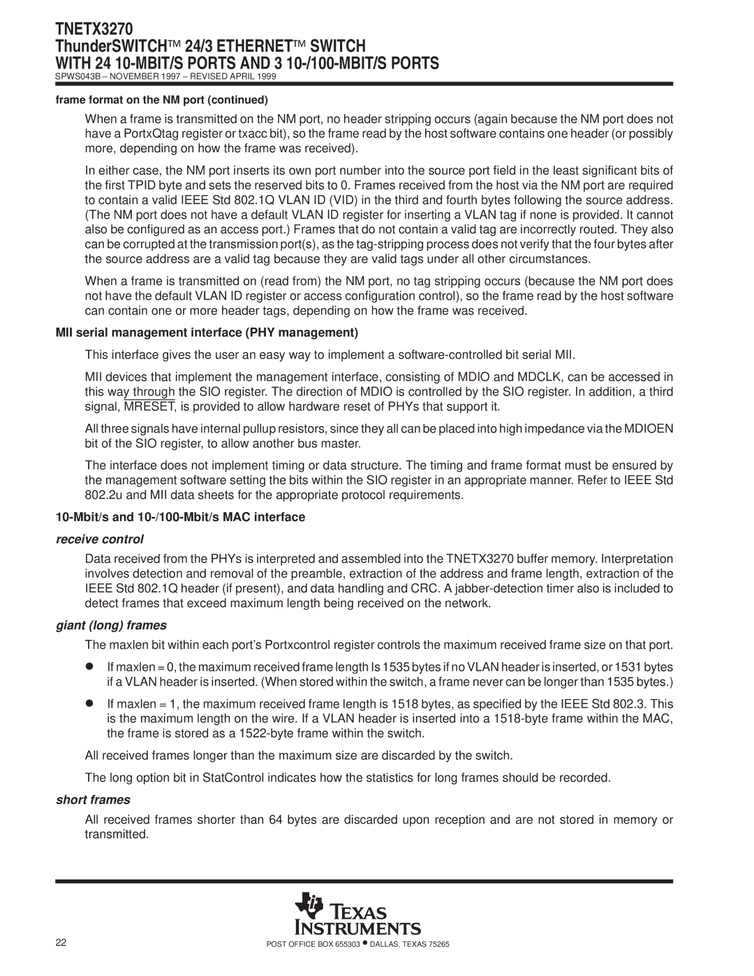 Texas Instruments TNETX3270 specifications MII serial management interface PHY management, Giant long frames, Short frames 