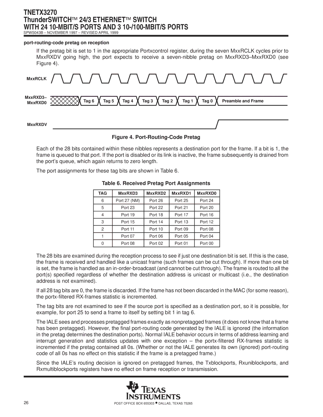 Texas Instruments TNETX3270 specifications Received Pretag Port Assignments, Tag, Port 27 NM 