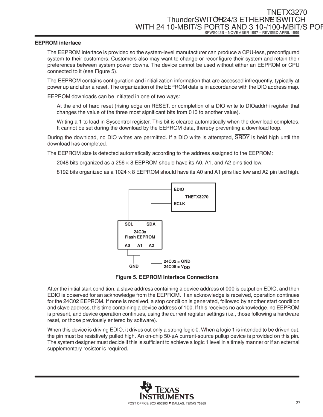 Texas Instruments specifications Eeprom interface, Edio TNETX3270 Eclk SCL SDA, Gnd 