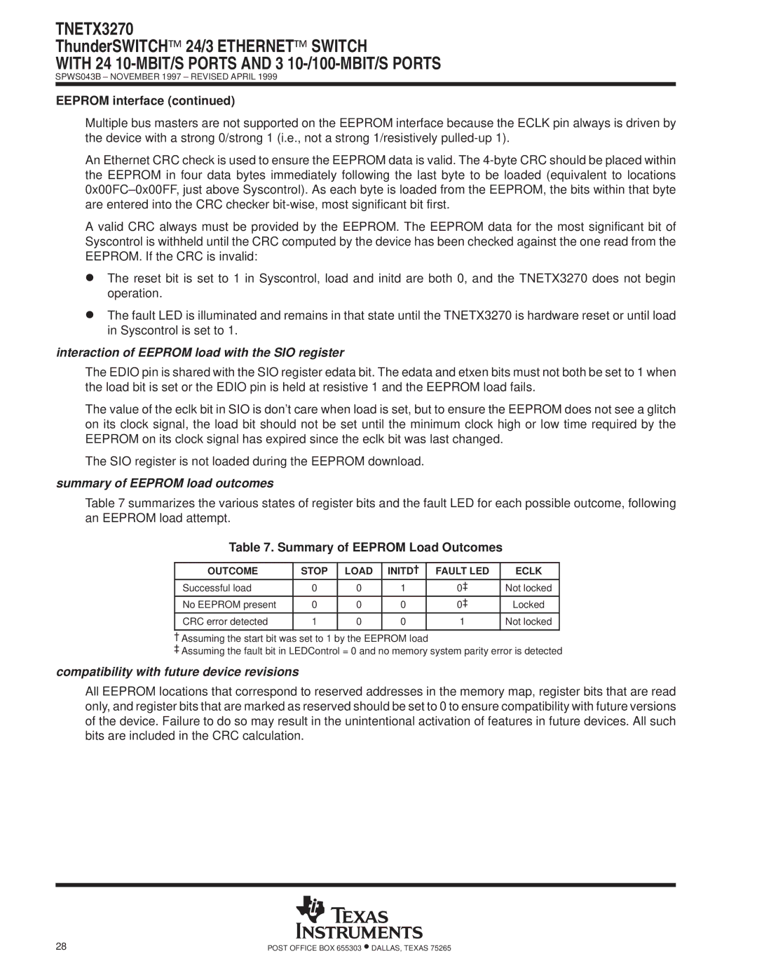 Texas Instruments TNETX3270 Interaction of Eeprom load with the SIO register, Summary of Eeprom load outcomes 