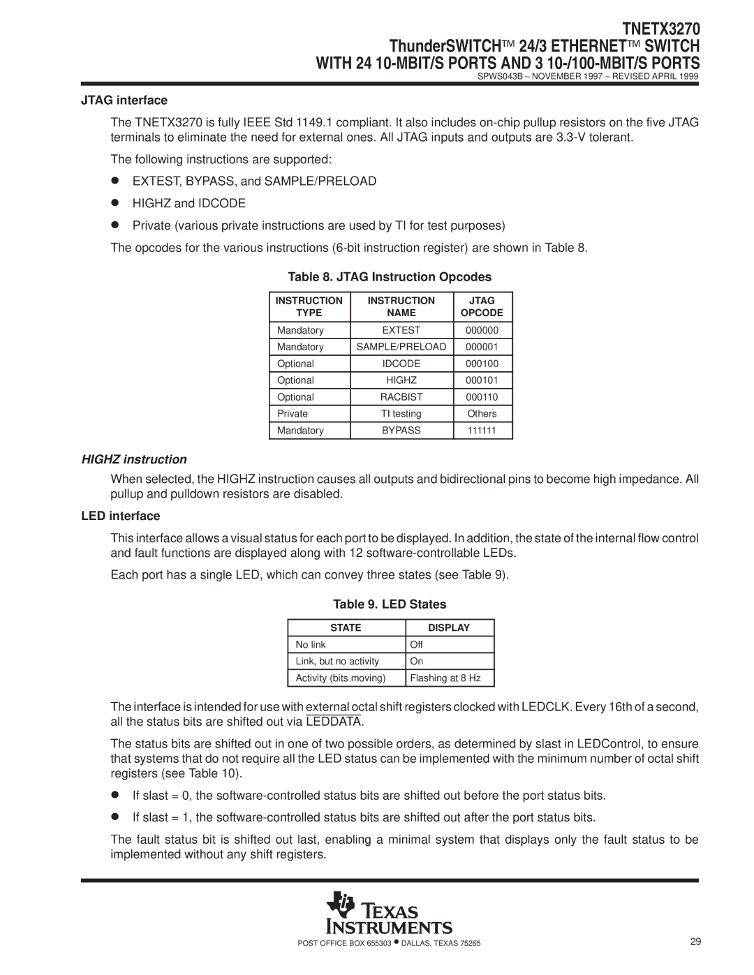 Texas Instruments TNETX3270 Jtag interface, Jtag Instruction Opcodes, Highz instruction, LED interface, LED States 