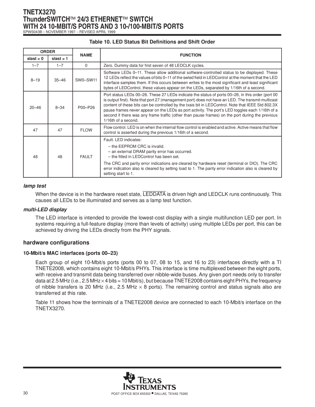 Texas Instruments TNETX3270 specifications Hardware configurations, LED Status Bit Definitions and Shift Order, Lamp test 