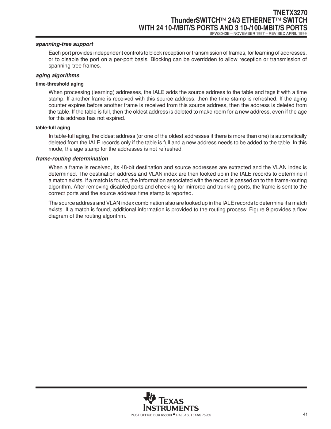 Texas Instruments TNETX3270 specifications Spanning-tree support, Aging algorithms, Frame-routing determination 