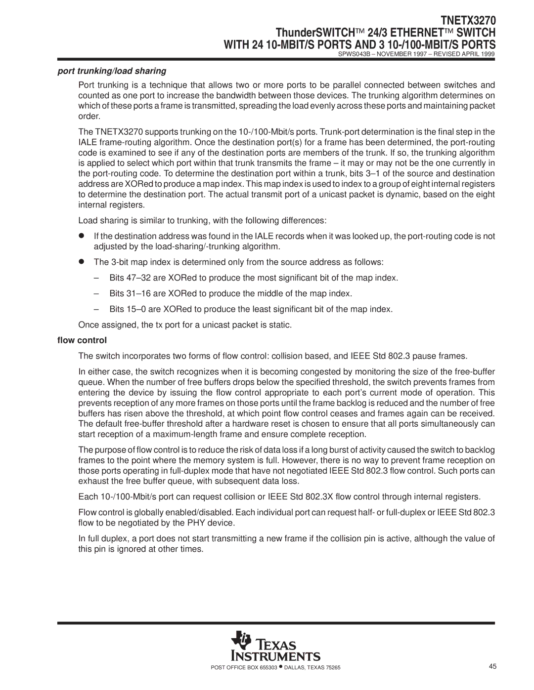 Texas Instruments TNETX3270 specifications Port trunking/load sharing, Flow control 