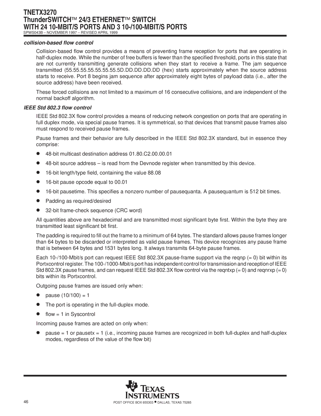 Texas Instruments TNETX3270 specifications Collision-based flow control, Ieee Std 802.3 flow control 