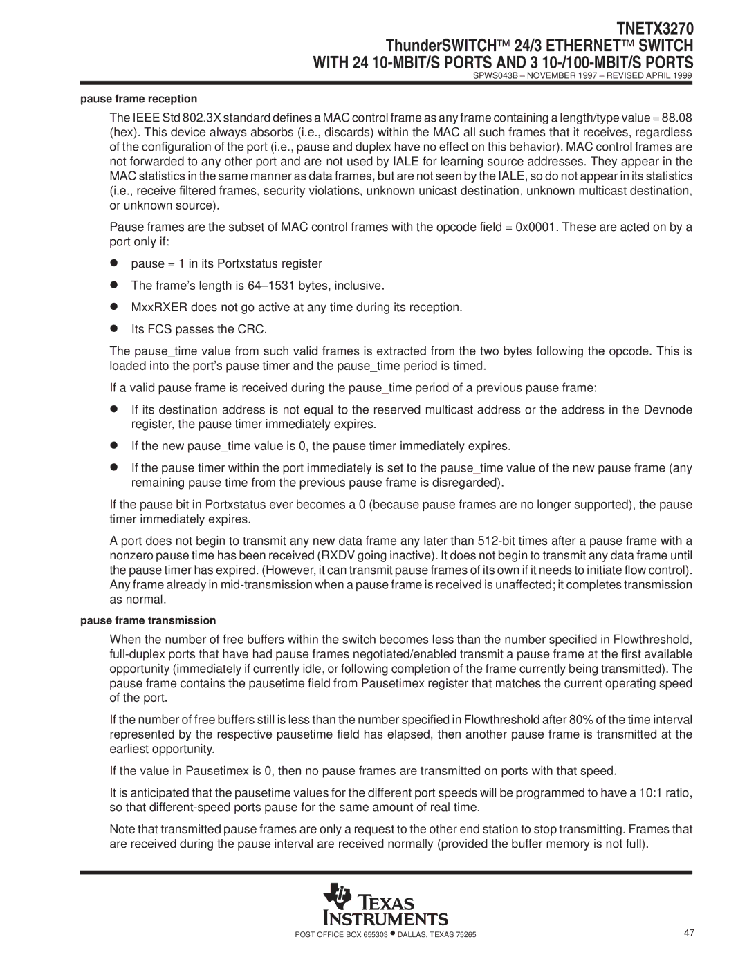 Texas Instruments TNETX3270 specifications Pause frame reception 