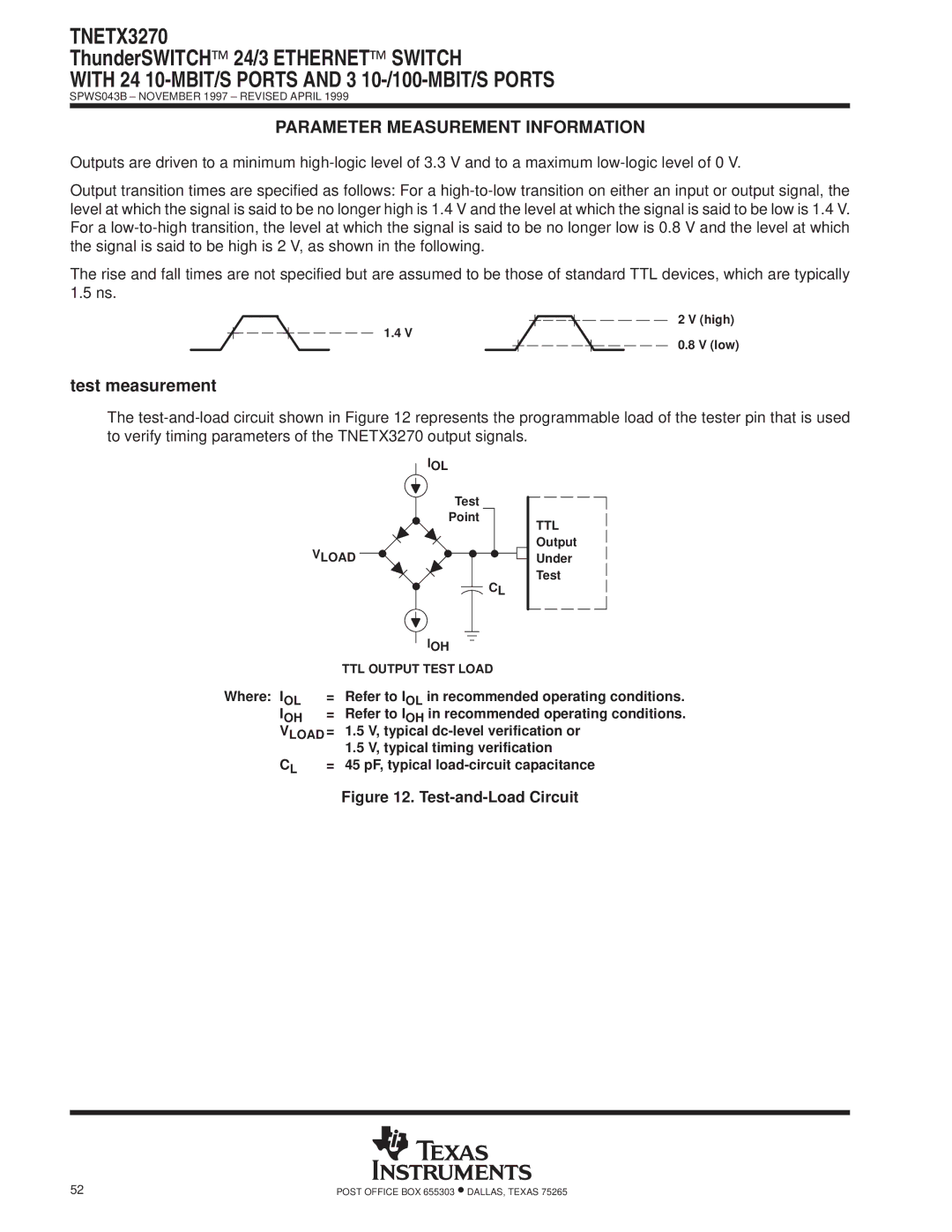 Texas Instruments TNETX3270 specifications Test measurement 