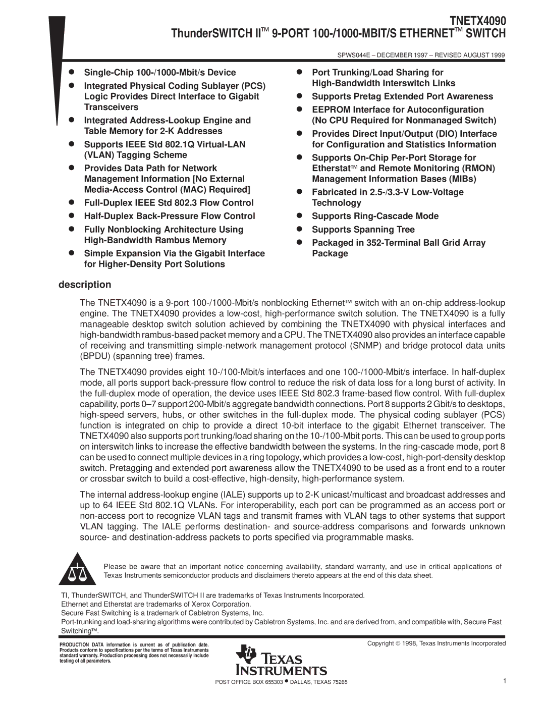 Texas Instruments TNETX4090 specifications Description 