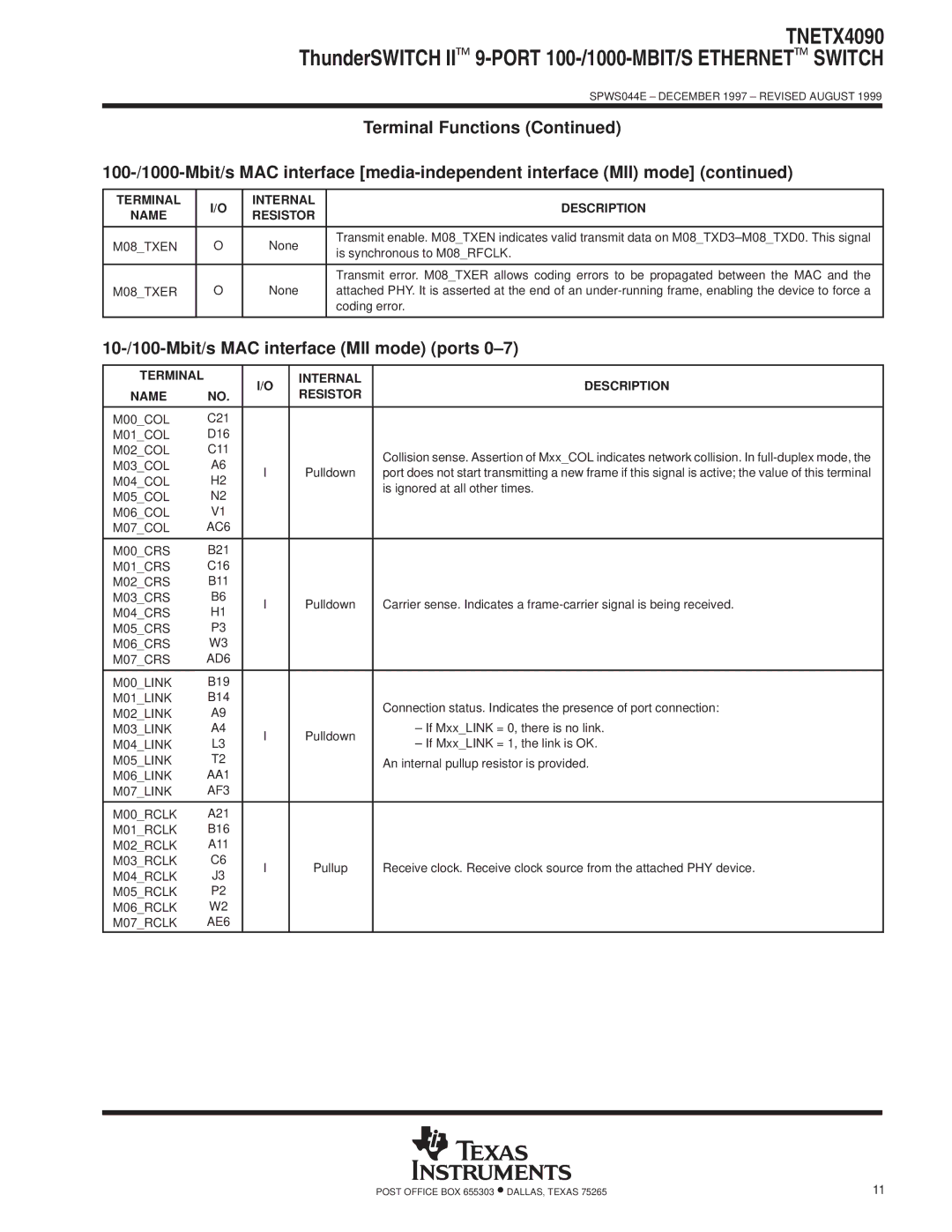 Texas Instruments TNETX4090 specifications 10-/100-Mbit/s MAC interface MII mode ports 0±7, Pulldown 