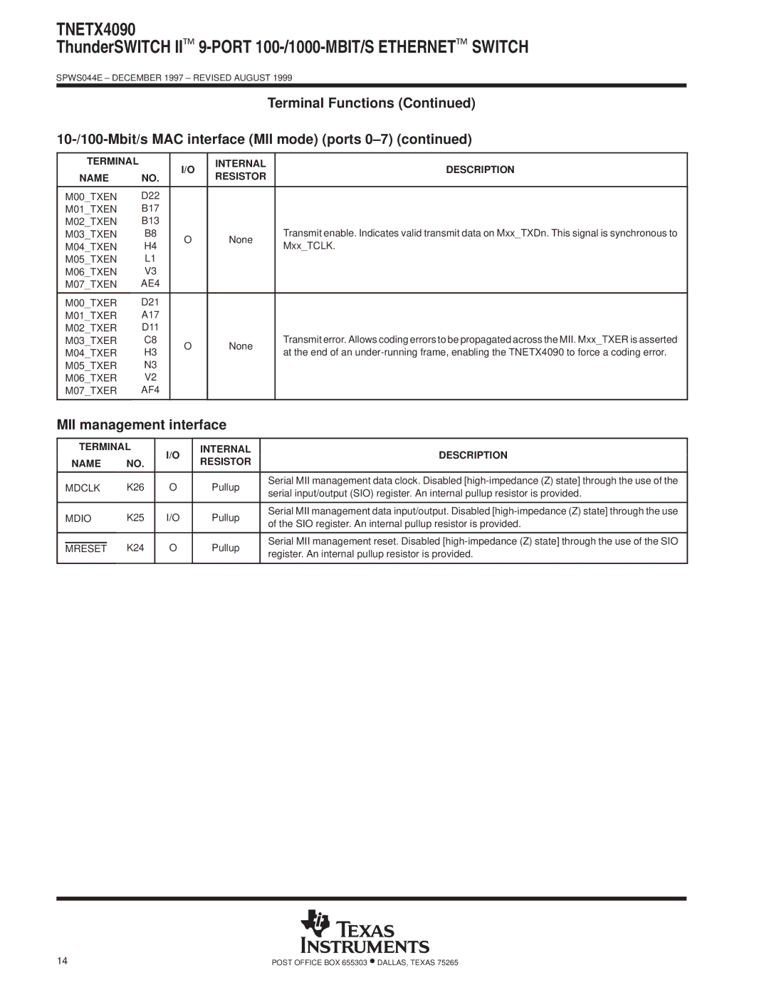 Texas Instruments TNETX4090 specifications MII management interface 