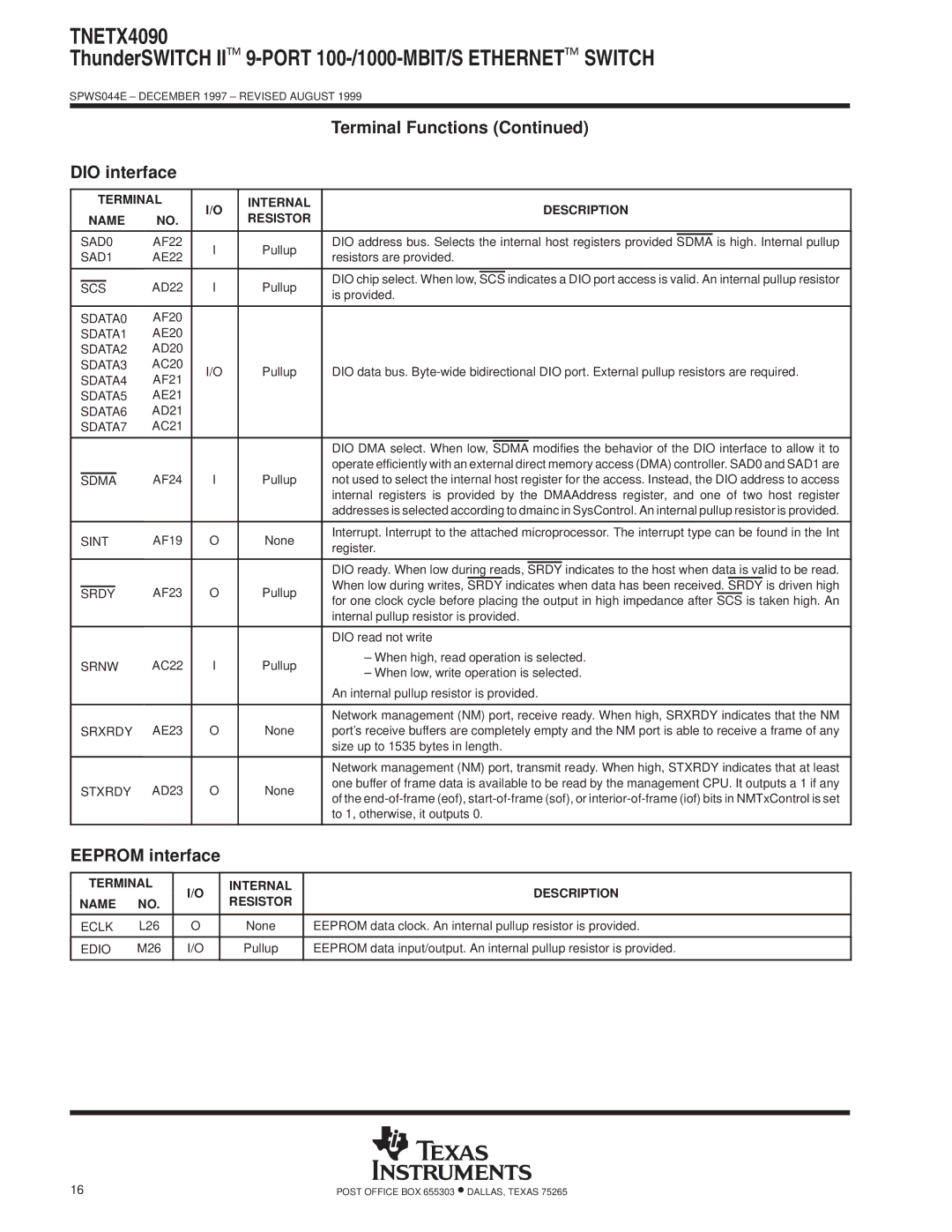 Texas Instruments TNETX4090 specifications DIO interface, Eeprom interface 