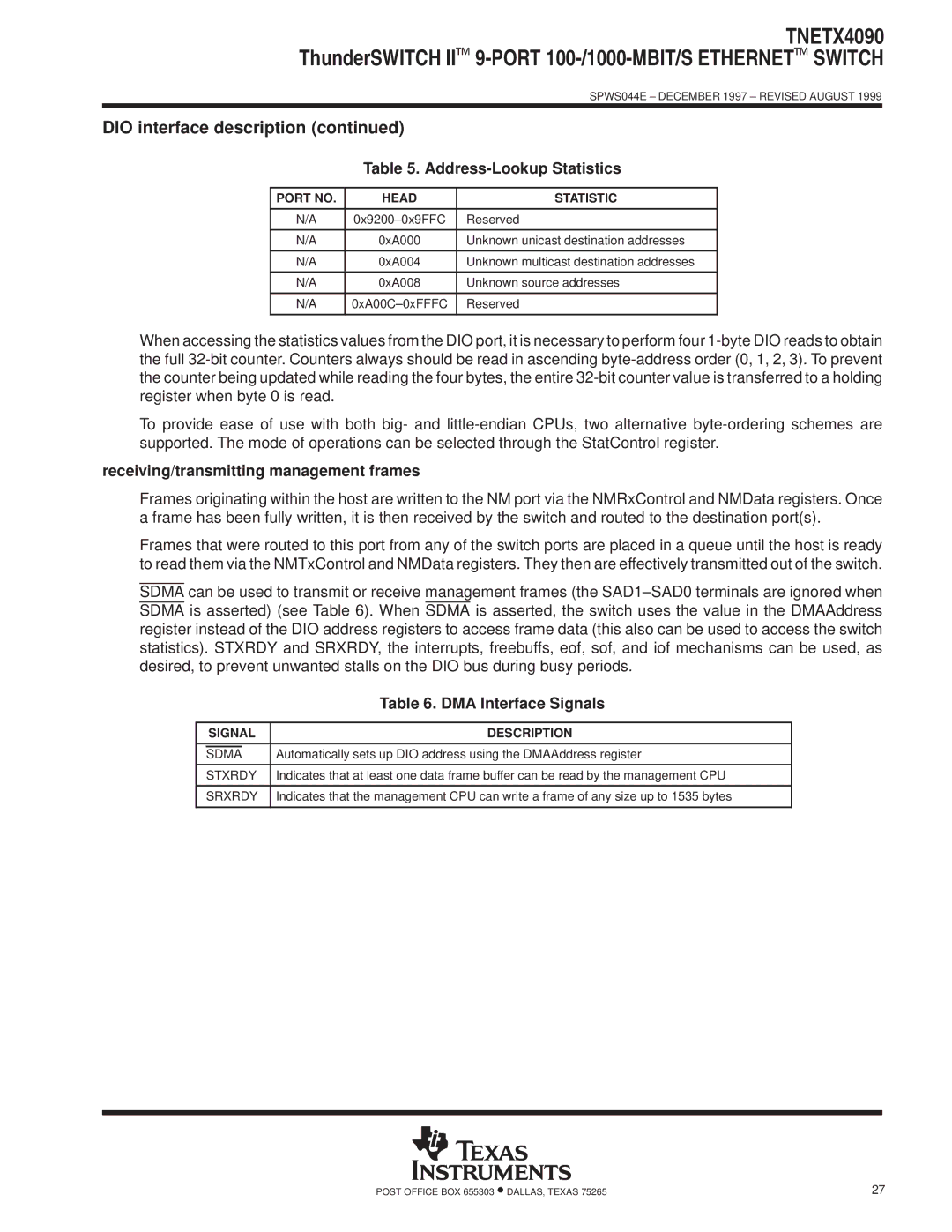 Texas Instruments TNETX4090 Address-Lookup Statistics, Receiving/transmitting management frames, DMA Interface Signals 