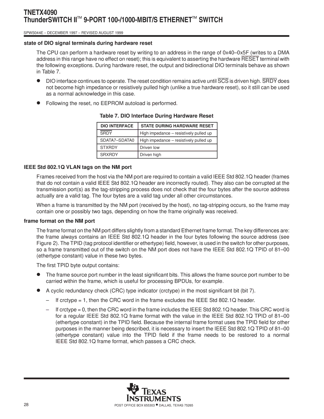 Texas Instruments TNETX4090 State of DIO signal terminals during hardware reset, DIO Interface During Hardware Reset 