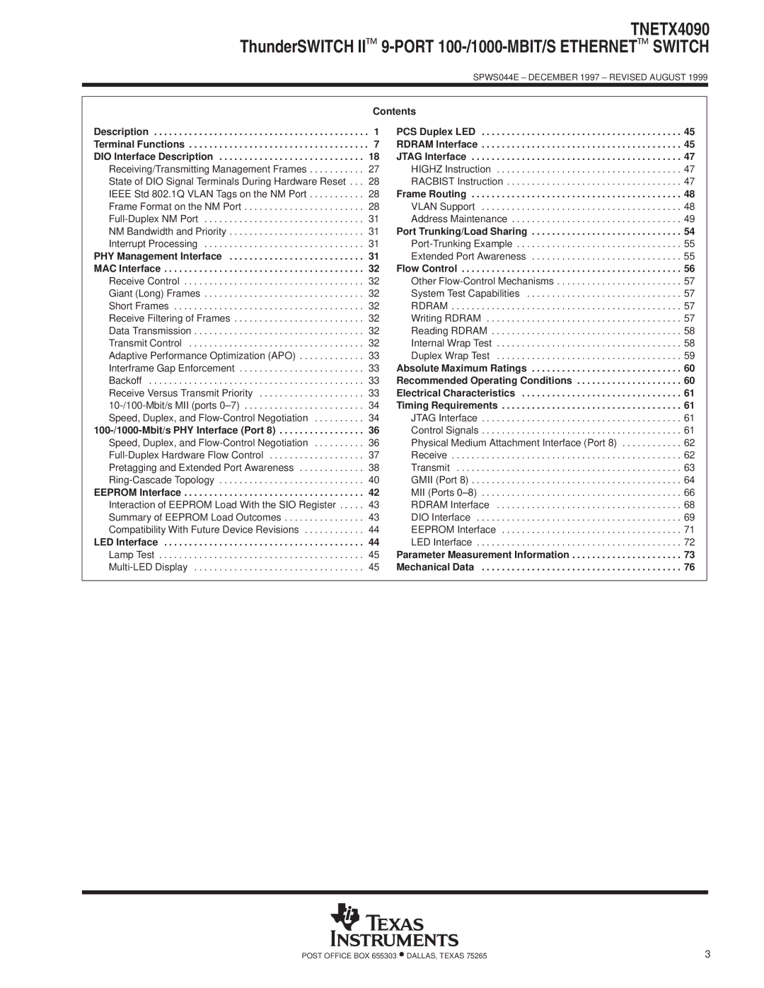 Texas Instruments TNETX4090 specifications PCS Duplex LED Rdram Interface Jtag Interface 