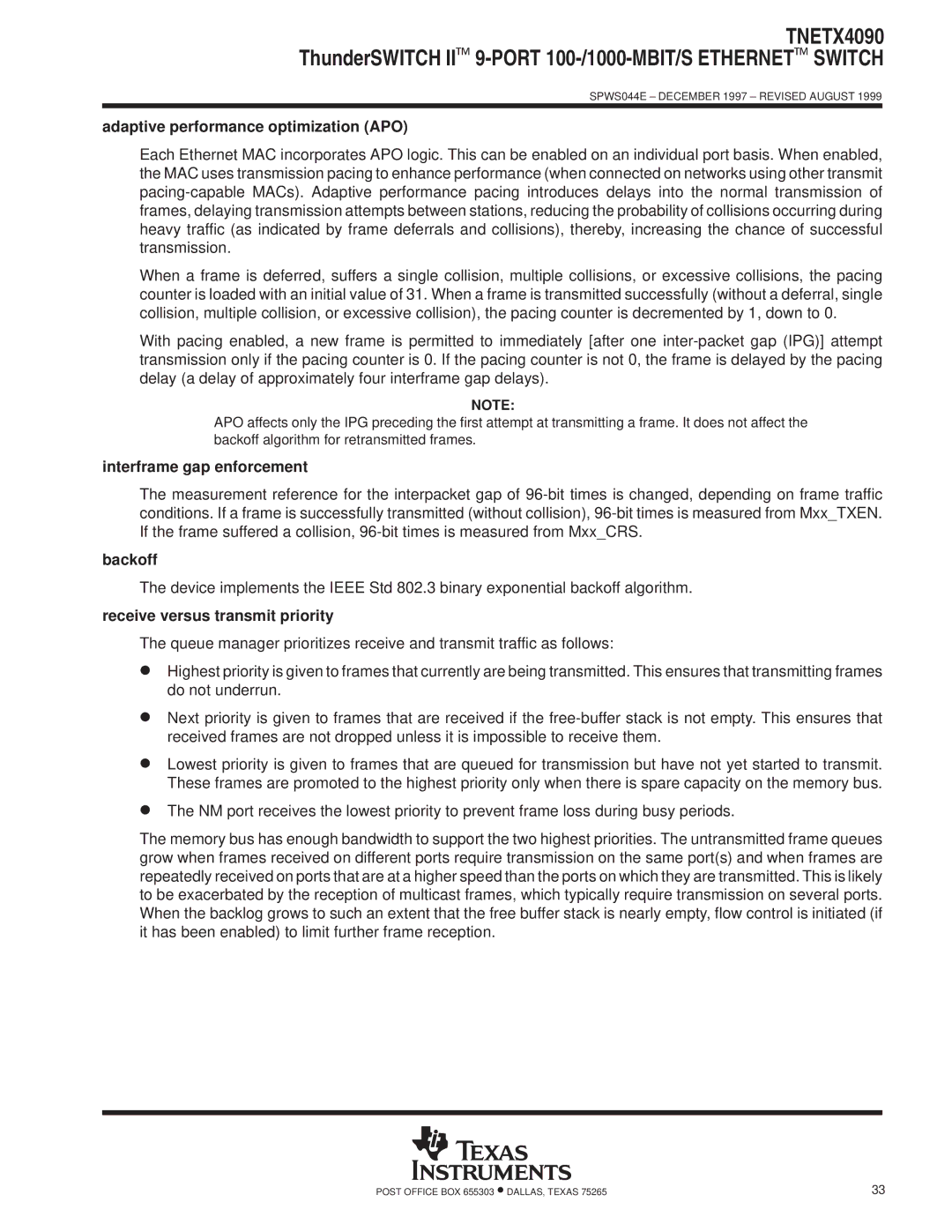 Texas Instruments TNETX4090 specifications Adaptive performance optimization APO, Interframe gap enforcement, Backoff 