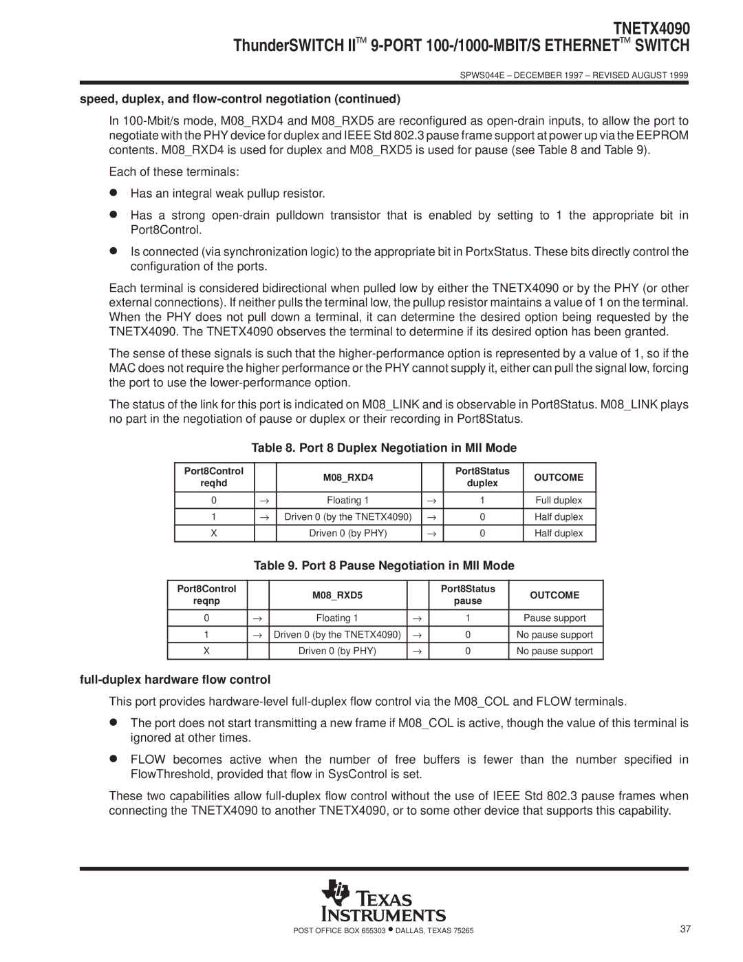 Texas Instruments TNETX4090 Port 8 Duplex Negotiation in MII Mode, Port 8 Pause Negotiation in MII Mode, Outcome 