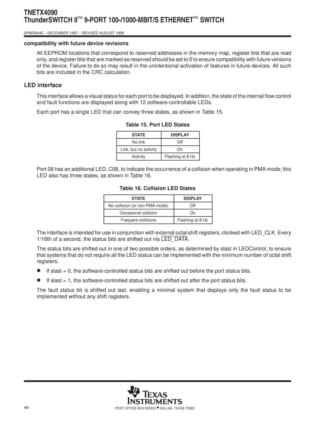 Texas Instruments TNETX4090 Compatibility with future device revisions, Port LED States, Collision LED States 