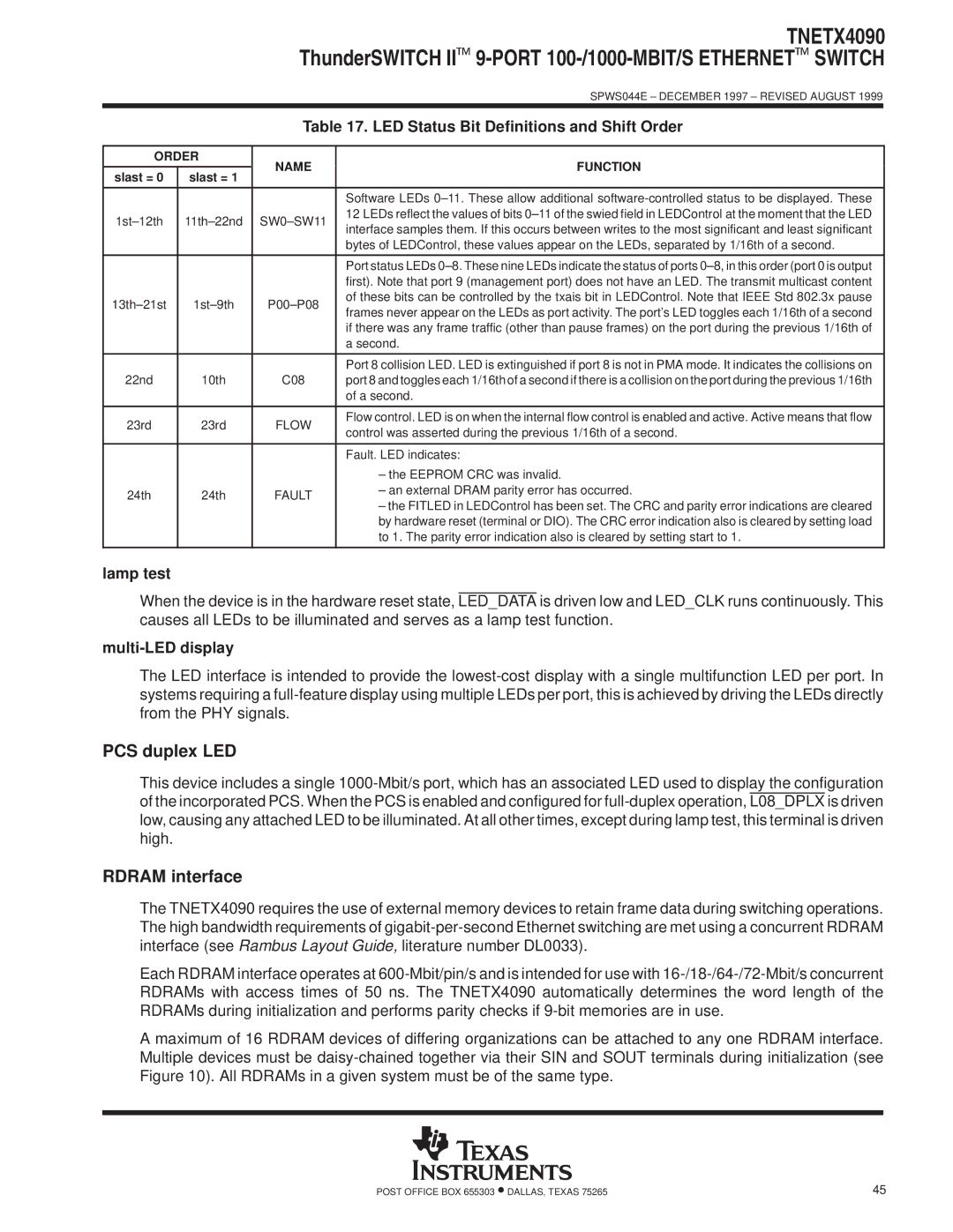 Texas Instruments TNETX4090 PCS duplex LED, LED Status Bit Definitions and Shift Order, Lamp test, Multi-LED display 