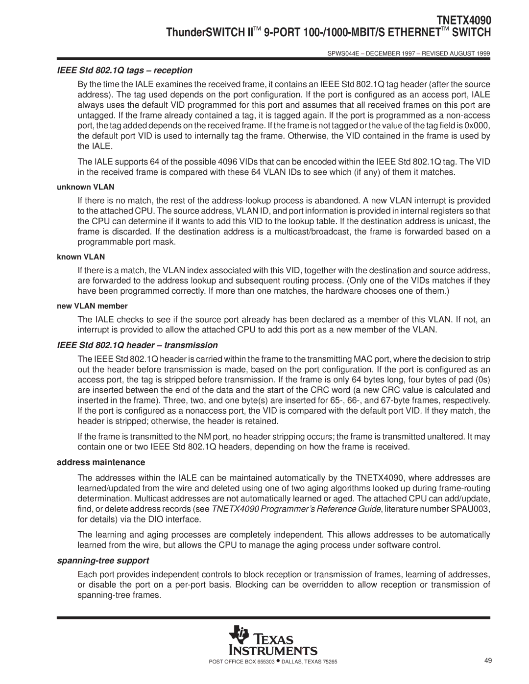 Texas Instruments TNETX4090 Ieee Std 802.1Q tags ± reception, Ieee Std 802.1Q header ± transmission, Address maintenance 