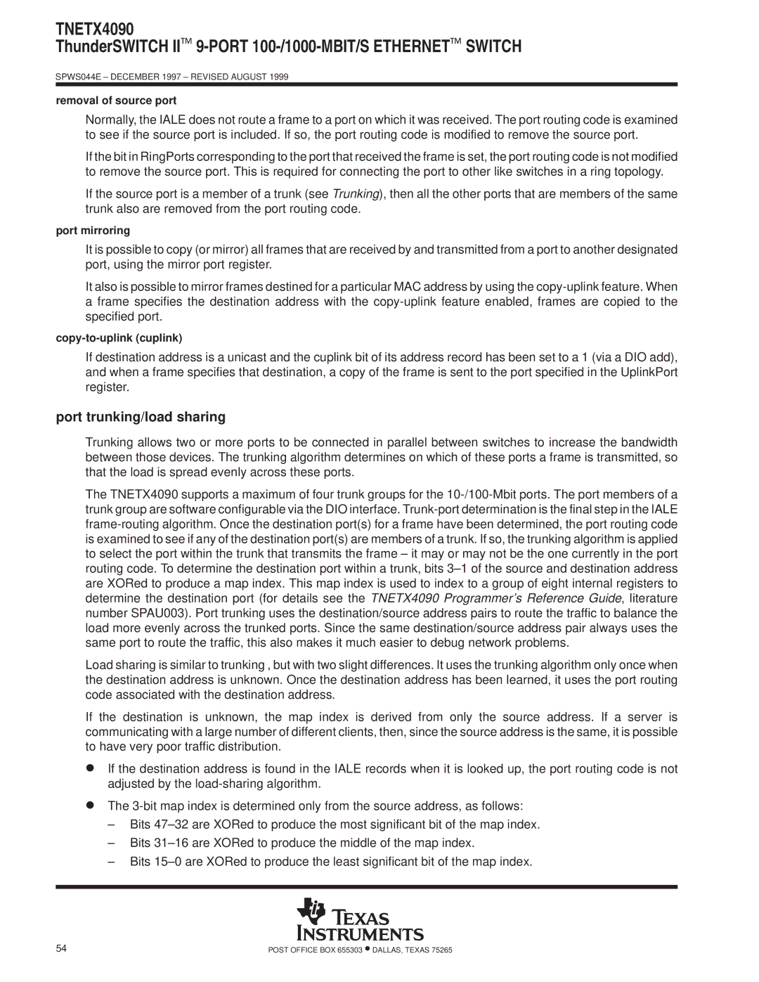 Texas Instruments TNETX4090 specifications Port trunking/load sharing, Removal of source port 