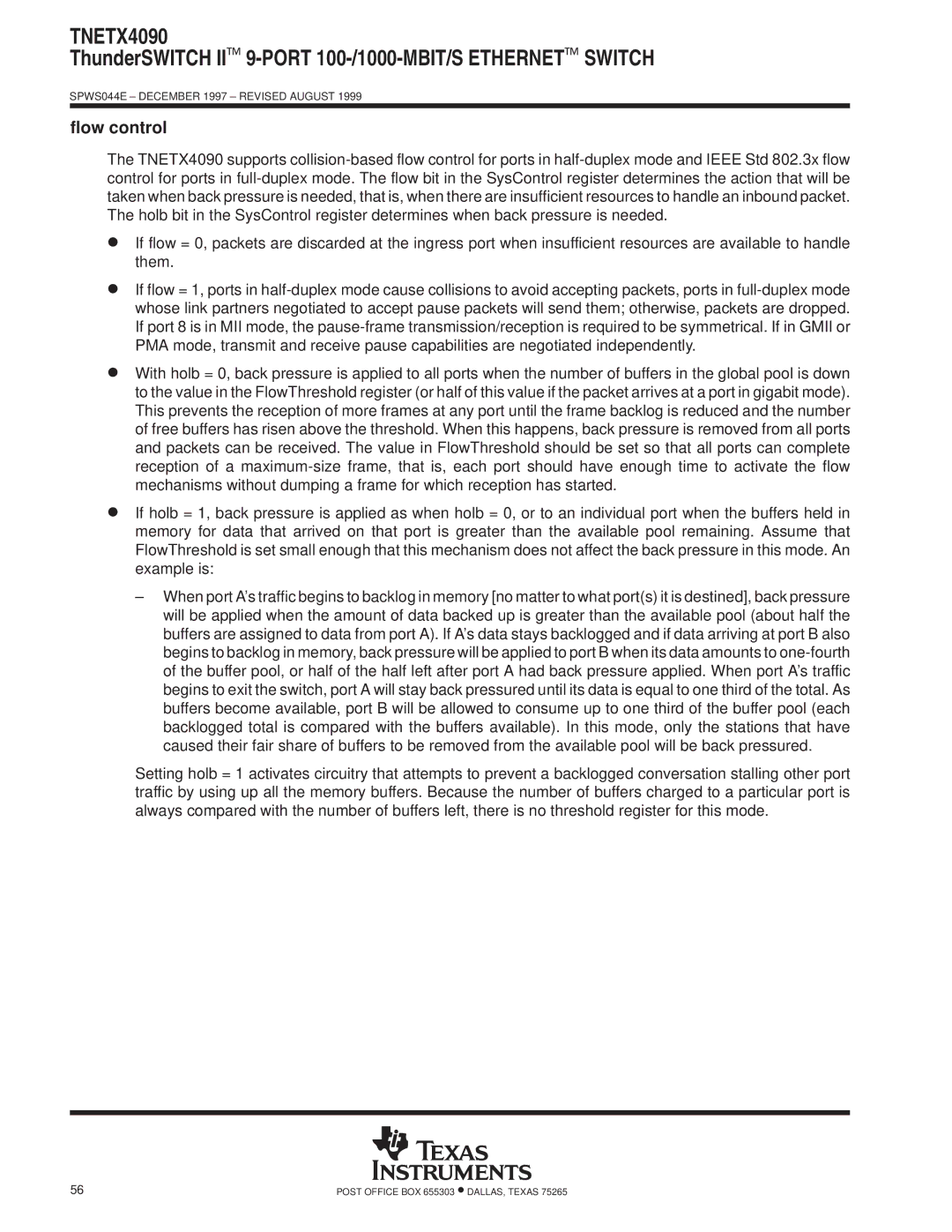 Texas Instruments TNETX4090 specifications Flow control 