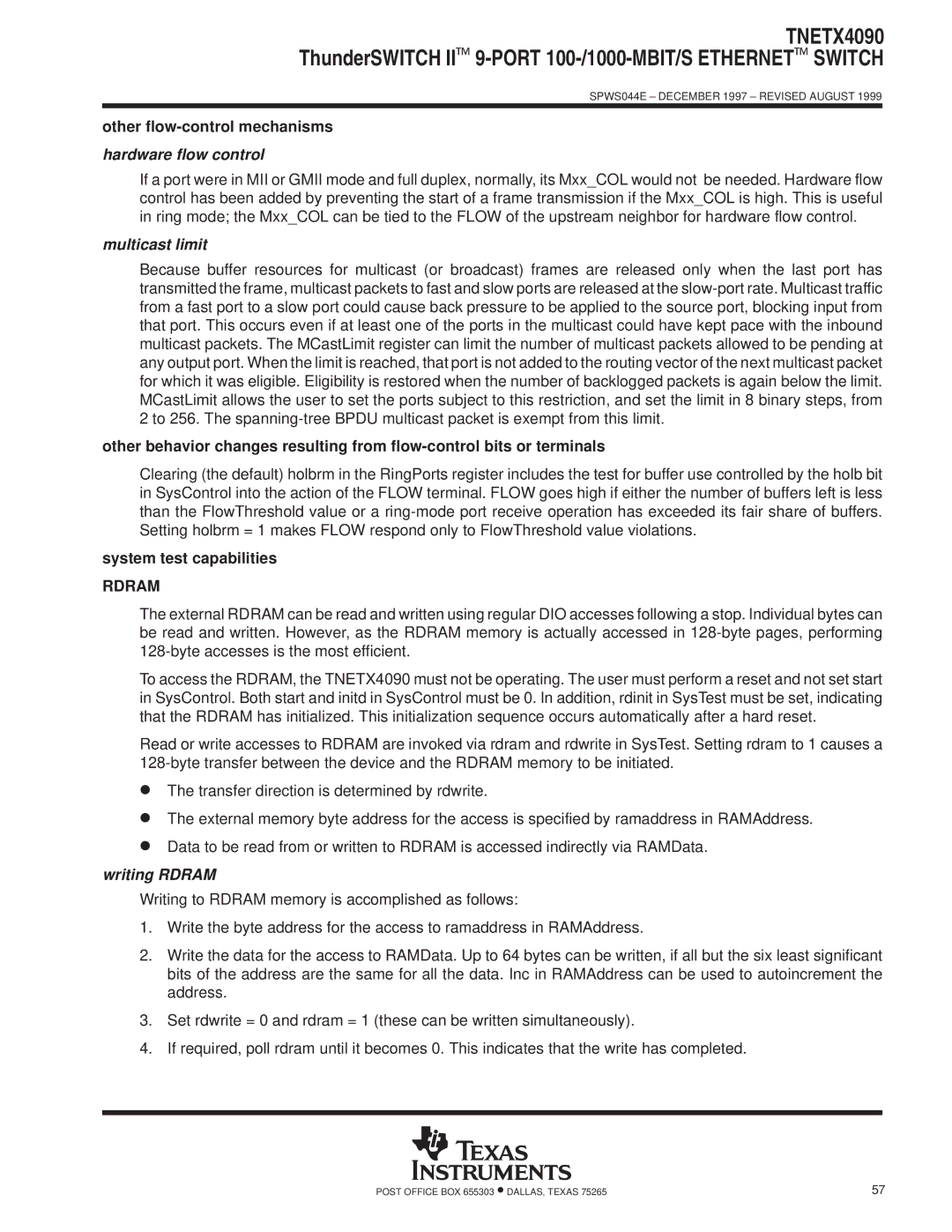 Texas Instruments TNETX4090 Other flow-control mechanisms, Hardware flow control, Multicast limit, Writing Rdram 