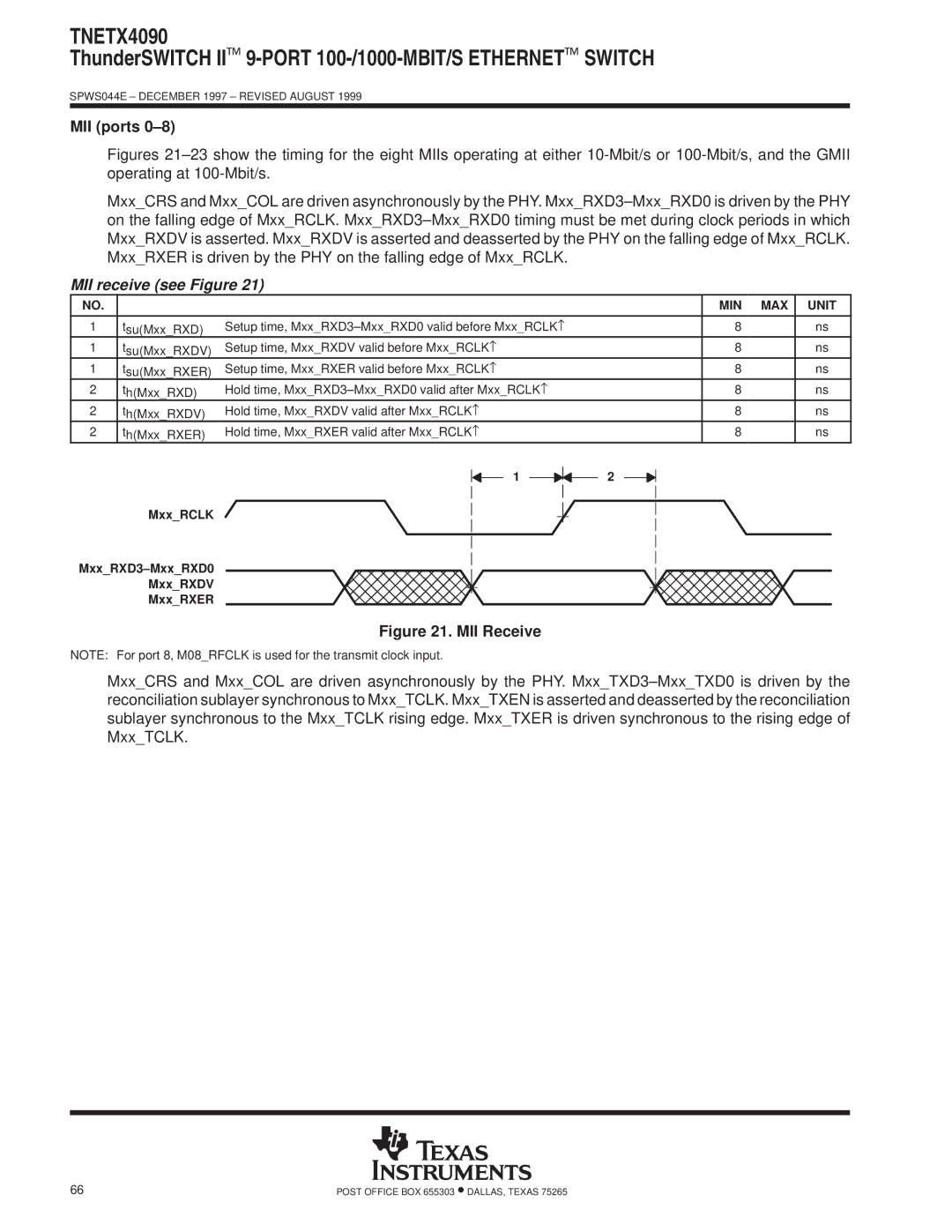 Texas Instruments TNETX4090 specifications MII ports 0±8, MII receive see Figure 