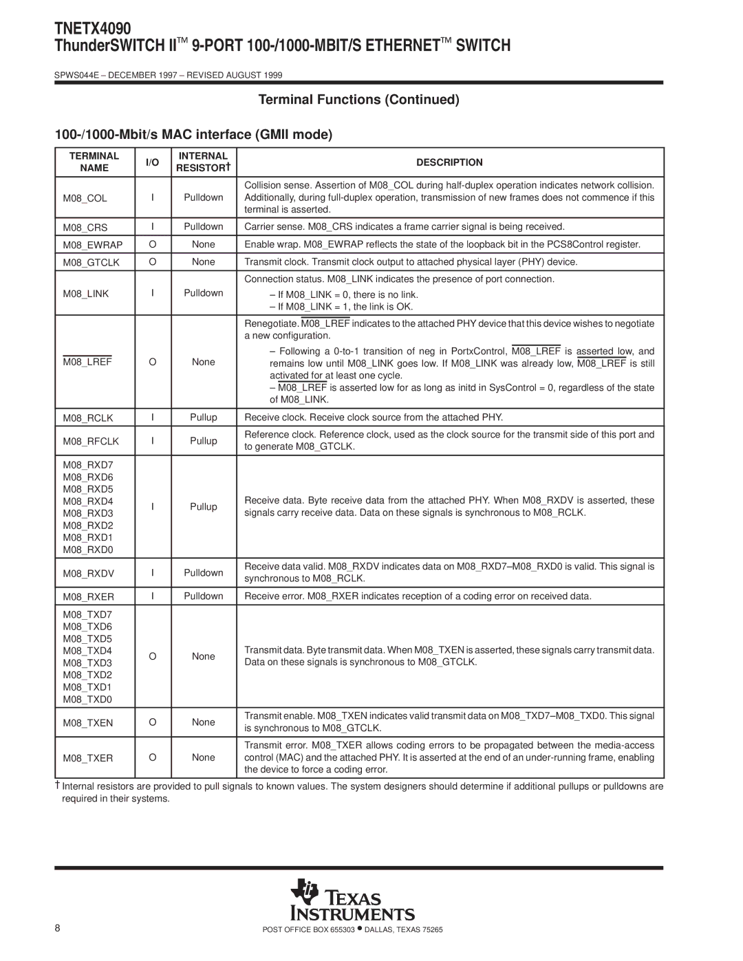 Texas Instruments TNETX4090 specifications 100-/1000-Mbit/s MAC interface Gmii mode, M08TXD7 M08TXD6 M08TXD5 