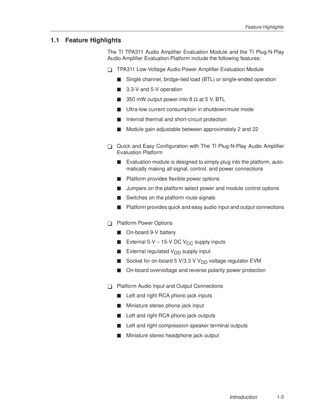 Texas Instruments TPA 311 manual Feature Highlights 