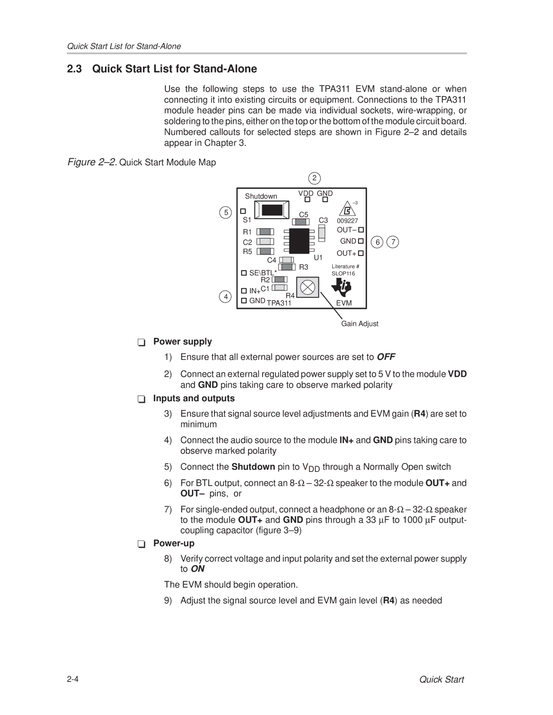 Texas Instruments TPA 311 manual Quick Start List for Stand-Alone, ±2. Quick Start Module Map 