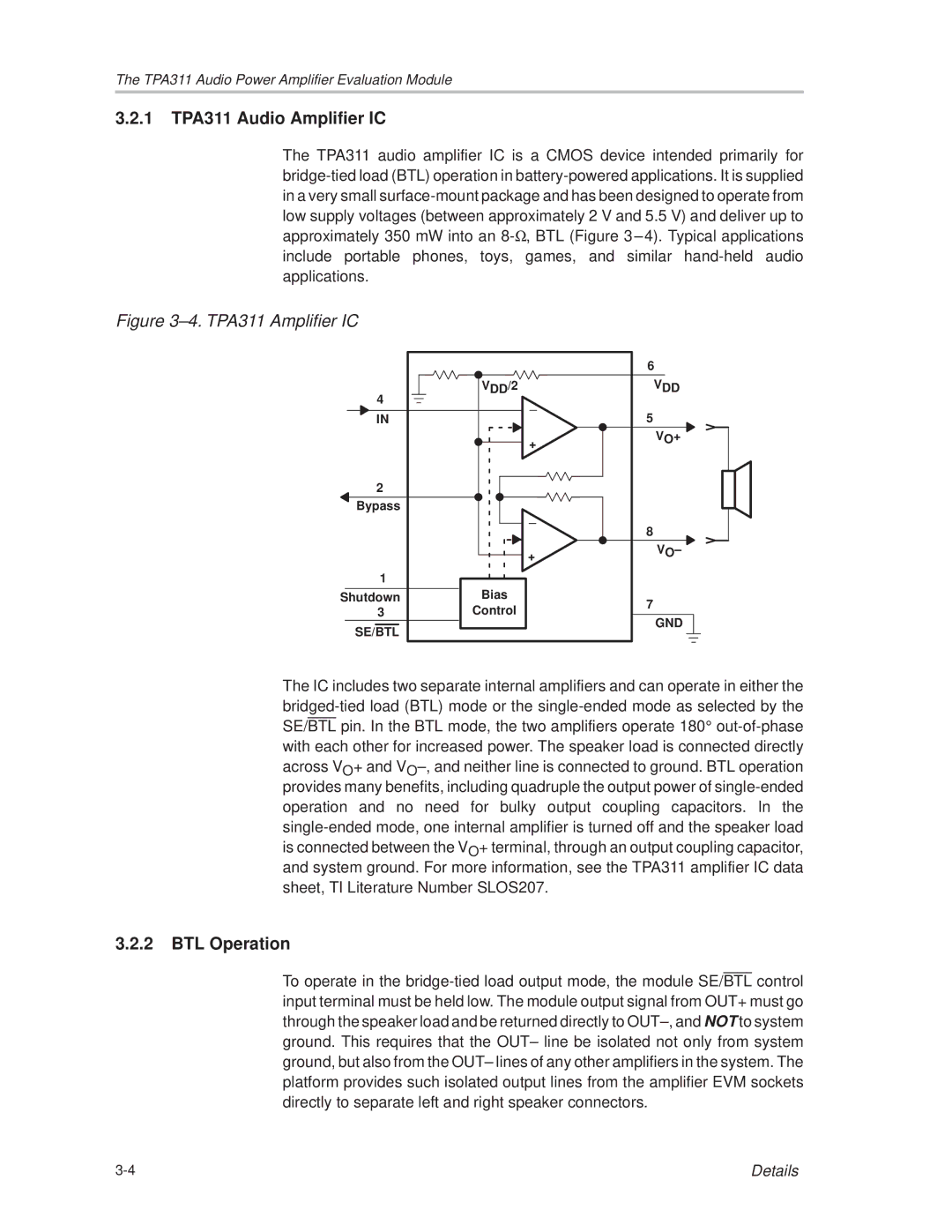 Texas Instruments TPA 311 manual 1 TPA311 Audio Amplifier IC, BTL Operation 