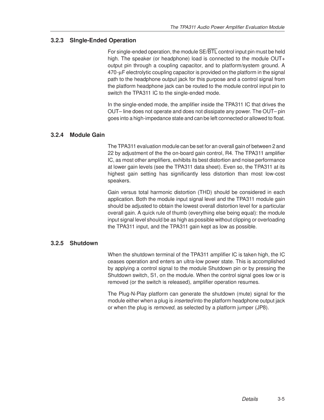 Texas Instruments TPA 311 manual SIngle-Ended Operation, Module Gain, Shutdown 