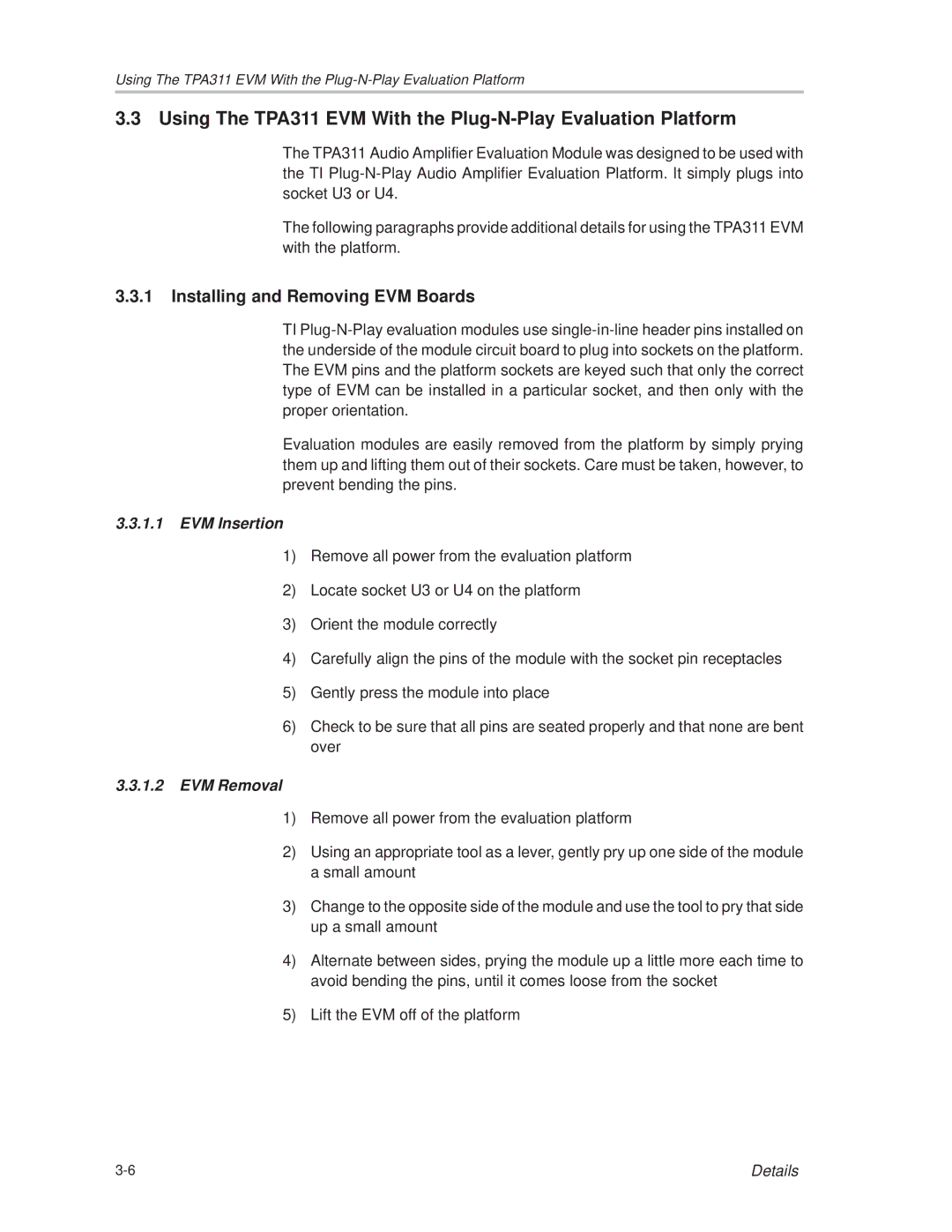 Texas Instruments TPA 311 manual Installing and Removing EVM Boards, EVM Insertion, EVM Removal 