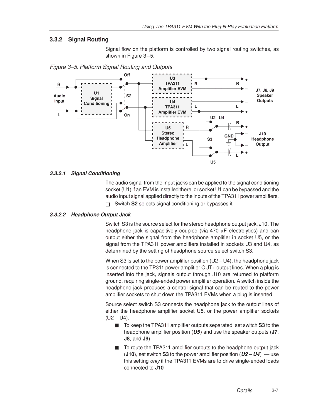 Texas Instruments TPA 311 manual Signal Routing, Signal Conditioning, Headphone Output Jack 