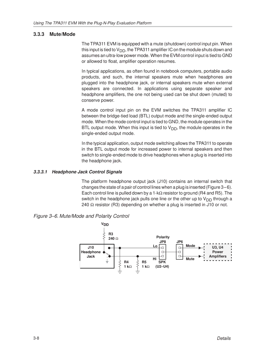 Texas Instruments TPA 311 manual Mute/Mode, Headphone Jack Control Signals 