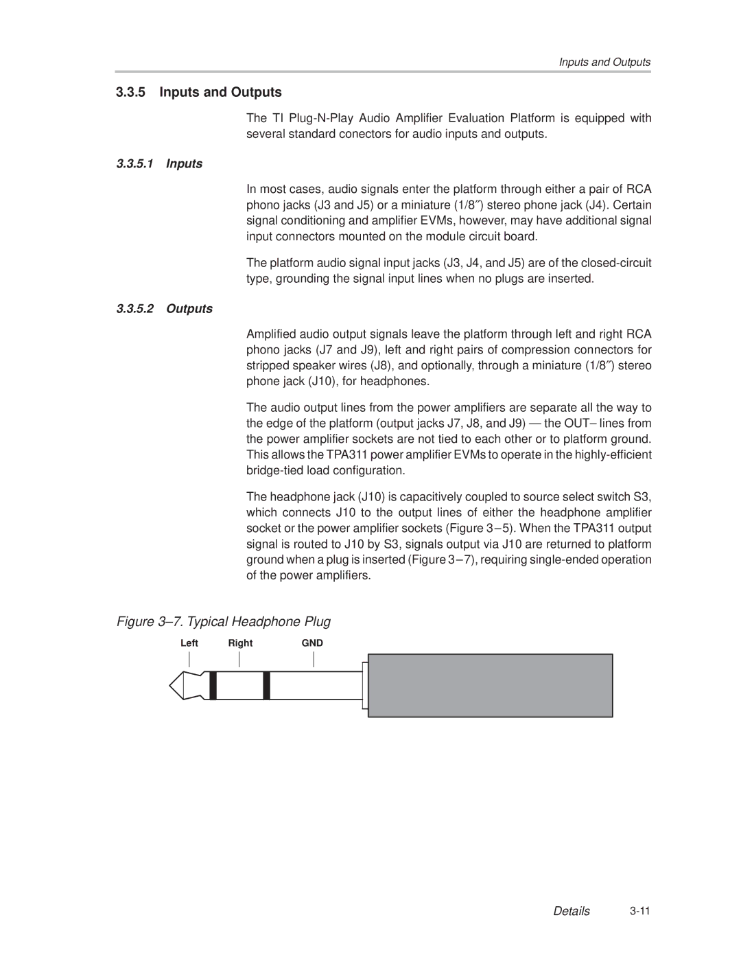 Texas Instruments TPA 311 manual Inputs and Outputs 