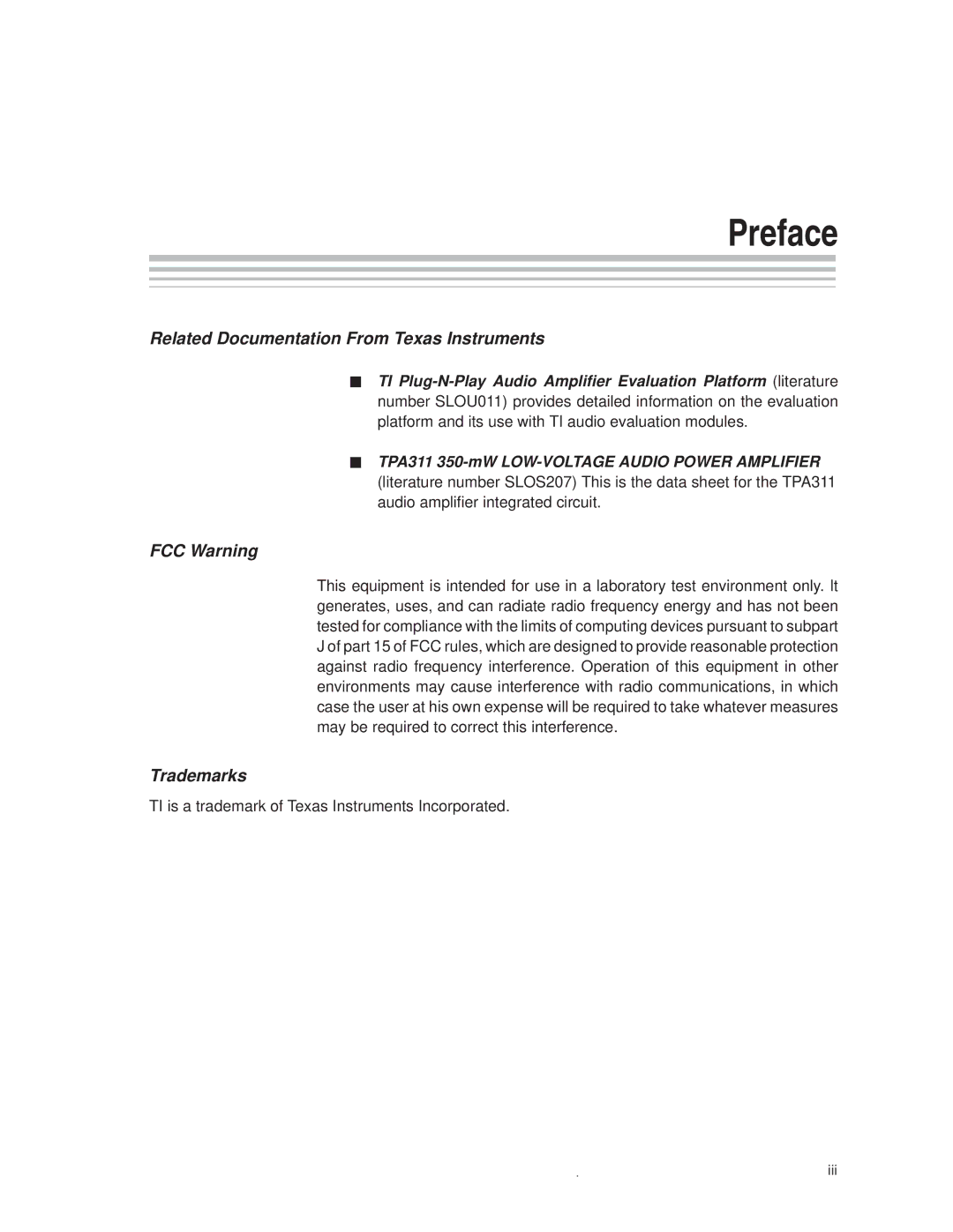 Texas Instruments TPA 311 manual Preface, Related Documentation From Texas Instruments 