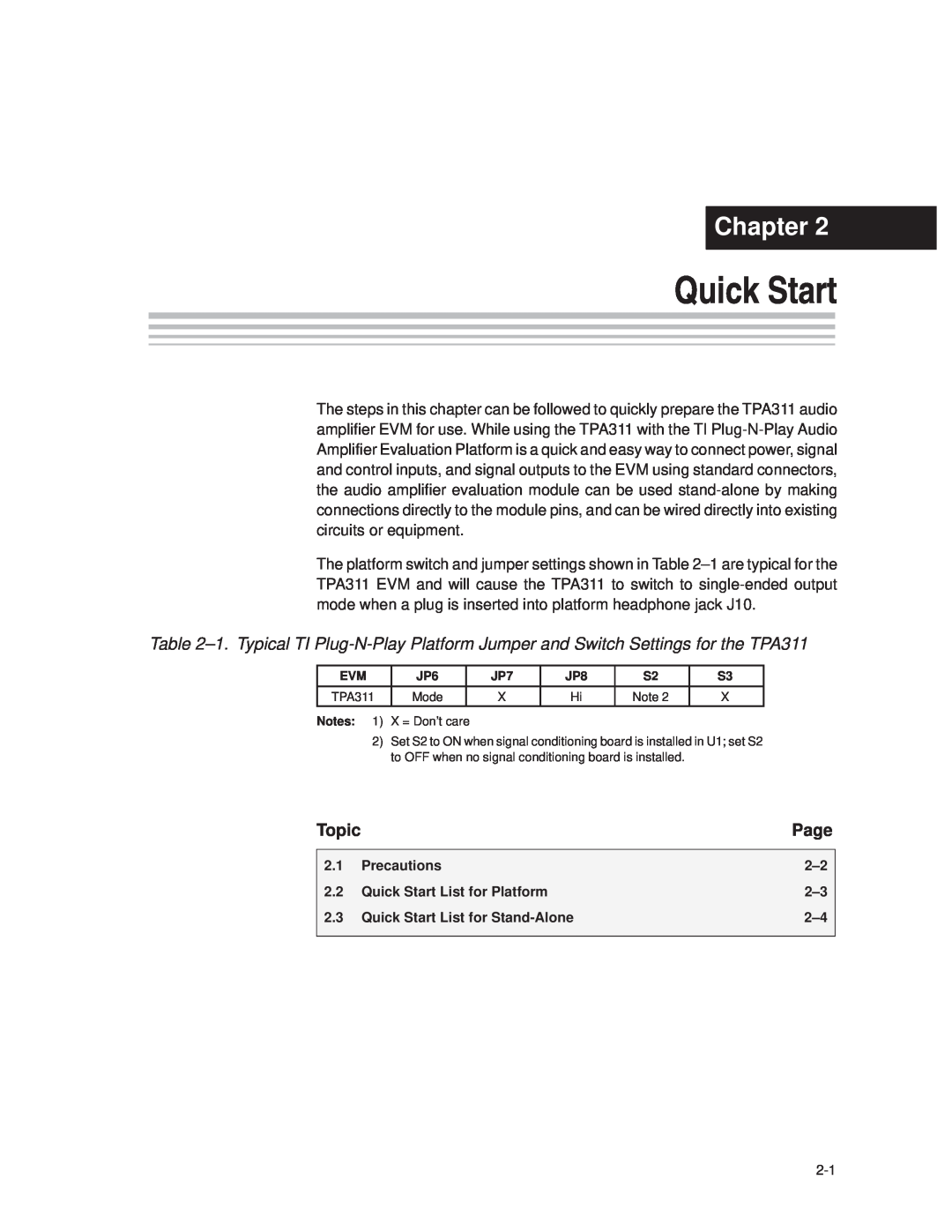 Texas Instruments TPA 311 manual Chapter, Page, Topic, Precautions, Quick Start List for Platform 