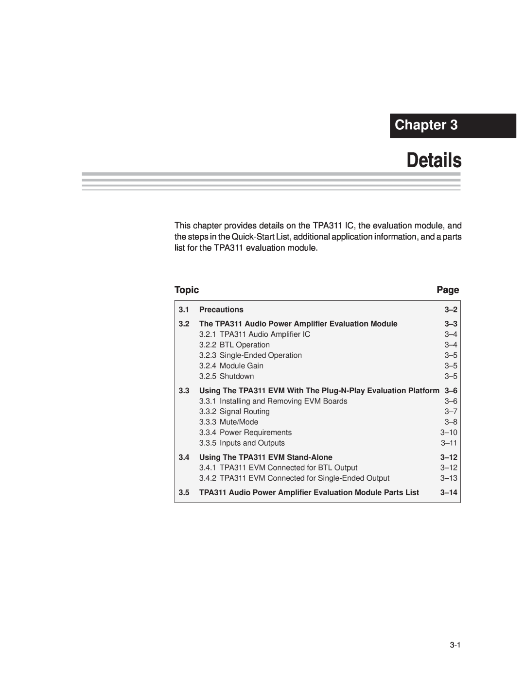 Texas Instruments TPA 311 manual Details, Chapter, Page, Topic 