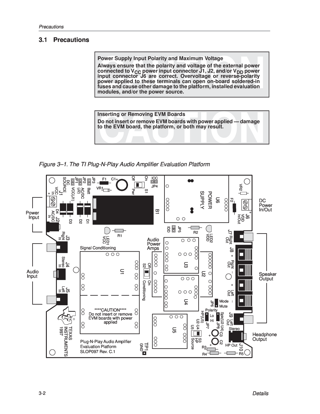 Texas Instruments TPA 311 manual Precautions, ±1. The TI Plug-N-Play Audio Amplifier Evaluation Platform, Details 