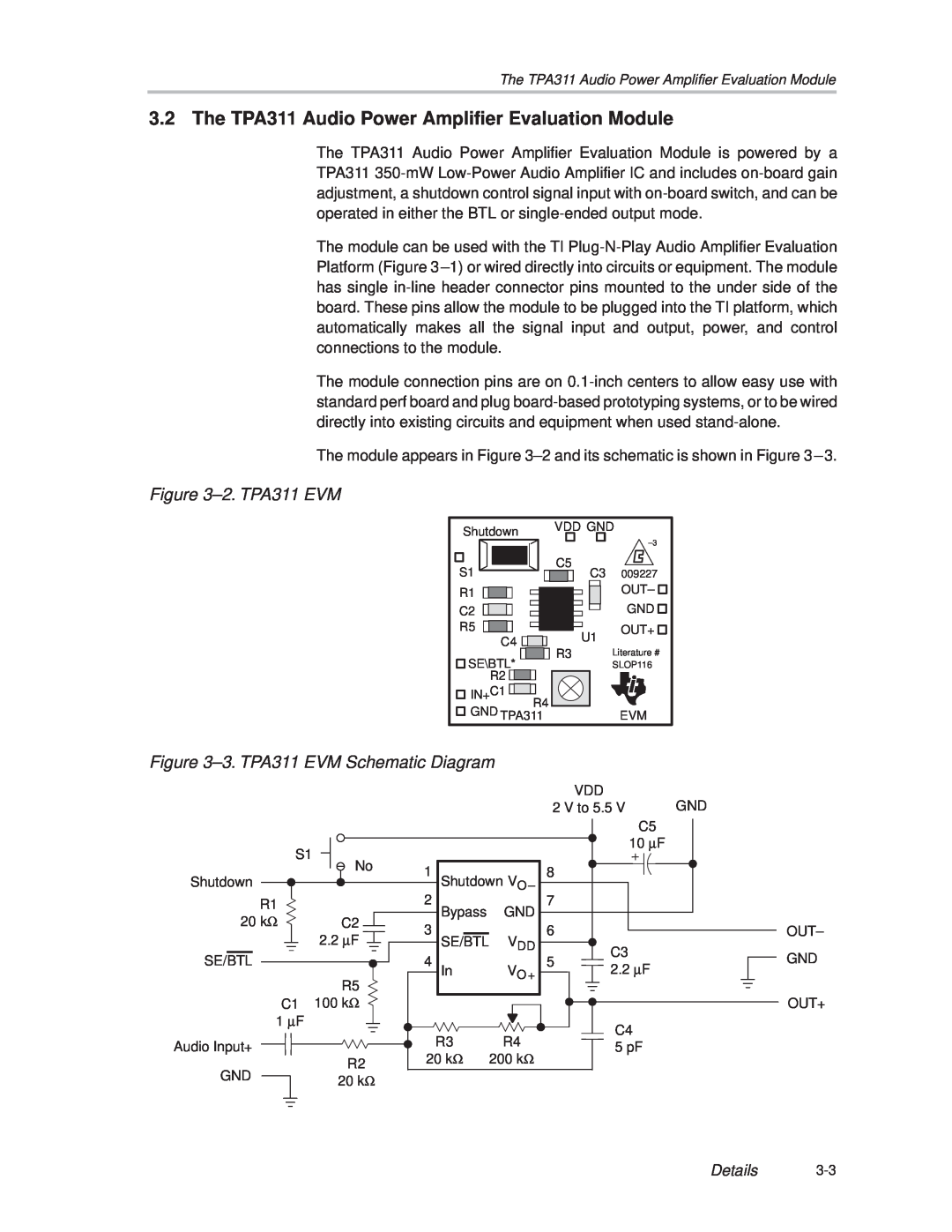 Texas Instruments TPA 311 manual The TPA311 Audio Power Amplifier Evaluation Module, ±2. TPA311 EVM, Details 
