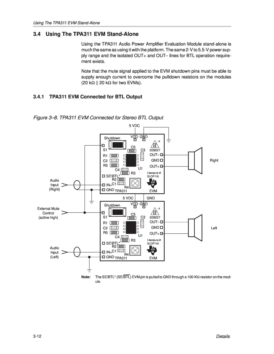 Texas Instruments TPA 311 manual Using The TPA311 EVM Stand-Alone, 3.4.1 TPA311 EVM Connected for BTL Output, Details 