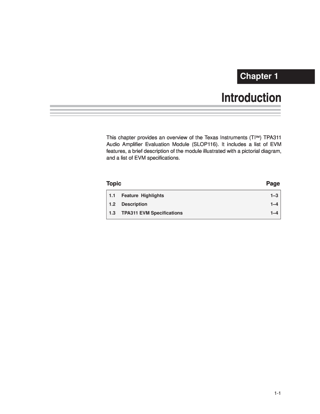 Texas Instruments TPA 311 manual Introduction, Chapter, Page, Topic 
